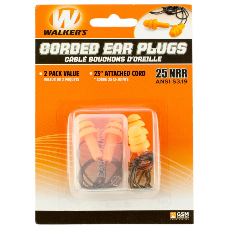 Walkers GWPEPCORD2PK Corded Foam Ear Plugs 25 dB In The Ear OrangeBlack Adult 2 Per Pack