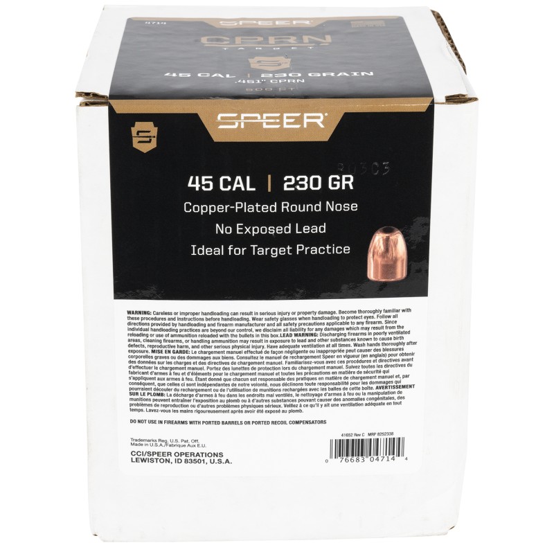 Speer 4714 Handgun  45Cal 230gr Round Nose 500 Per Box3 Case