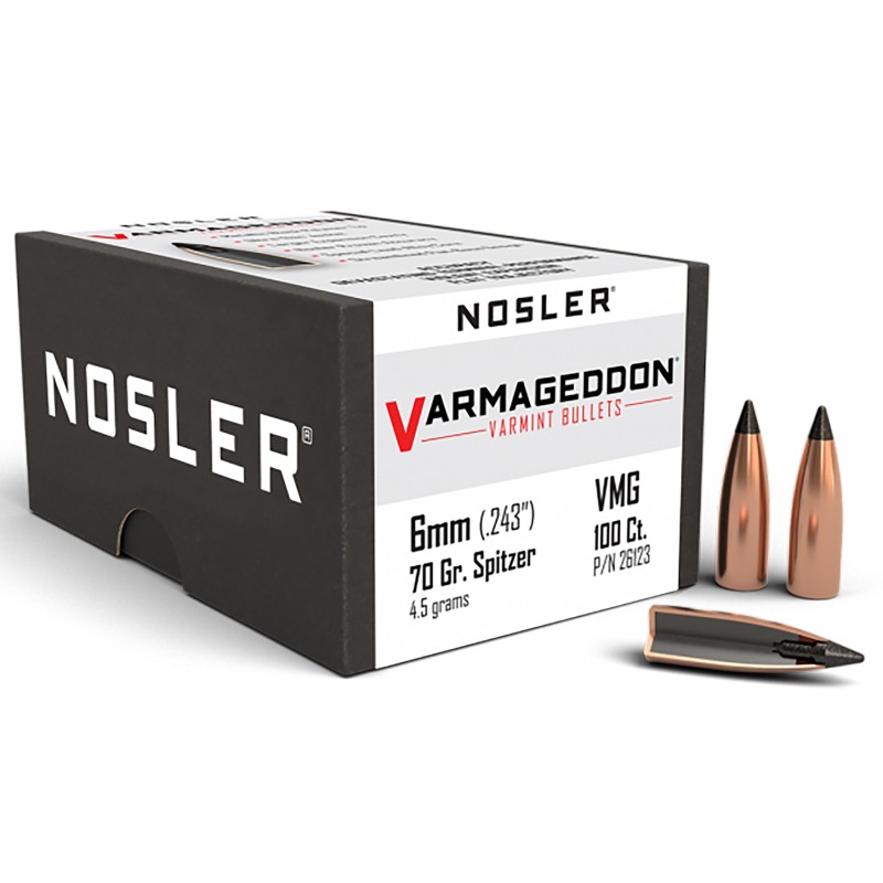 Nosler 26123 Varmageddon  6mm 70gr Flat Base Tipped 100Box