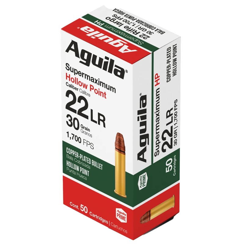 Aguila 1B220297CPHP Supermaximum Rimfire 22LR 30gr Hollow Point 50 Per Box20 Case