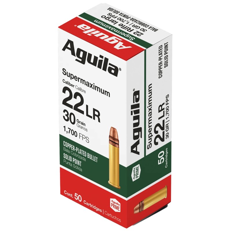 Aguila 1B220298 Supermaximum Rimfire 22LR 30gr Copper Plated Solid Point 50 Per Box20 Case