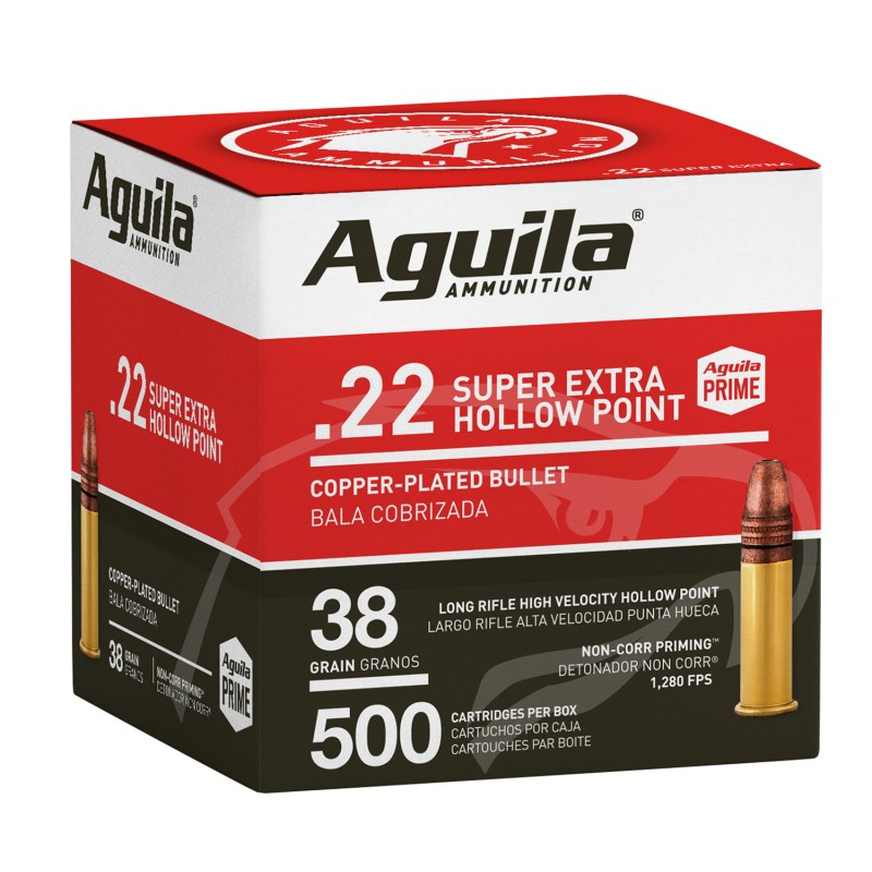 Aguila 1B221118 Super Extra Rimfire 22LR 38gr Copper Plated Hollow Point 500 Per Box4 Case