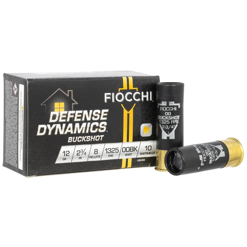 Fiocchi 12BK008 Defense Dynamics  12Gauge 2.75 8Pellets 00 Buck Shot 10 Per Box25 Case