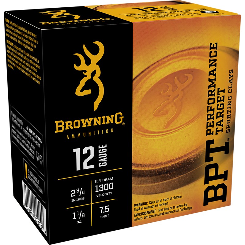 Browning Ammo B193631227 BPT Performance Target Sporting Clay 12Gauge 2.75 1 18oz 7.5Shot 25 Per Box10 Case