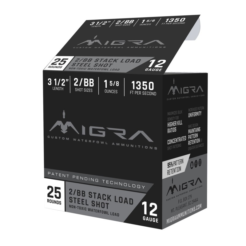 Migra Ammunitions M12LS2BB Combinational  12 Gauge 3.50 1 58 oz 2 BB Shot 25 Per Box10 Cs