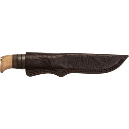 Helle Knives Sigmund 4.21 in Triple Laminated Stainless Steel Fixed Blade Beech Darkened Oak & Leather Handle Leather Sheath