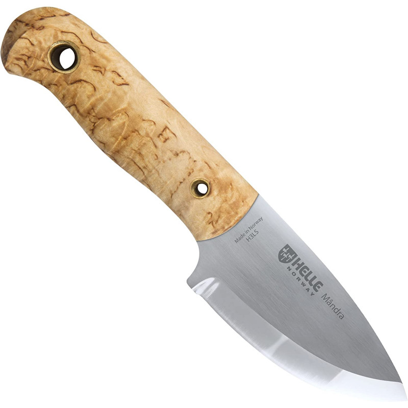 Helle Knives Mandra 2.72 in Les Stroud Neck Knife Bushcraft Small Fixed Blade Full Tang Curly Birch Wood Vulcan Fiber Handle