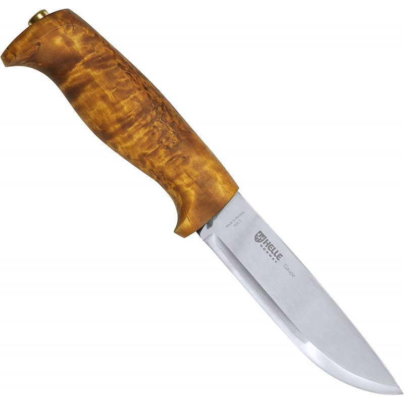 HELLE Knives Gaupe H3LS Fixed Blade Curly Birch Wood Handle Leather Sheath Triple Laminated Stainless Steel