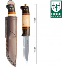 HELLE Knives Harding Field Knife Fixed Blade Darkened Oak Curly Birch & Leather Handle Scandi Grind Leather Sheath