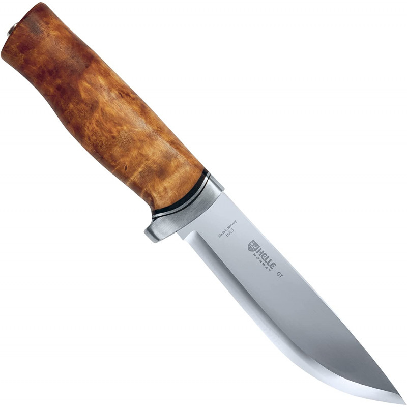 Helle Knives GT H3LS Outdoor Knife Fixed Blade Curly Birch Wood Handle Aluminum Finger Guard  Triple Laminated Stainless Steel