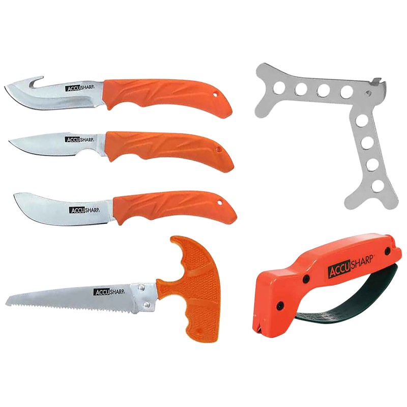 AccuSharp 728C Game Processing Kit ButcherCaperGutHookBone SawRibcage Spreader Gut HookSawPlain Stainless Steel Blade Orange FRN