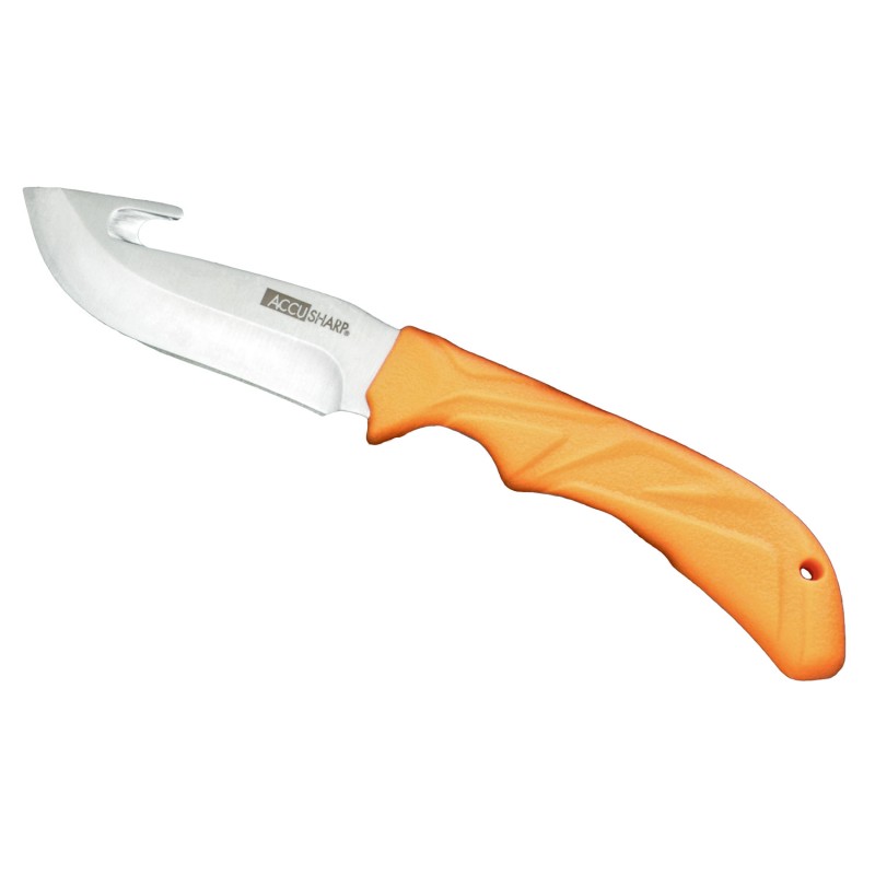 AccuSharp 729C Gut Hook  3.50 Fixed Gut Hook Plain Stainless Steel BladeBlaze Orange Rubber Handle Includes Belt Carry Pouch