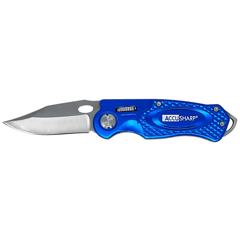 AccuSharp 701C Sport  3 Folding Plain Stainless Steel BladeBlue Anodized Aluminum Handle Includes Belt Clip