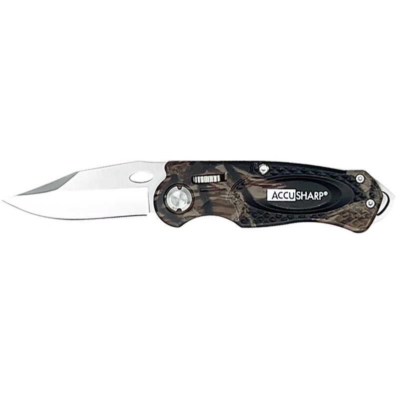 AccuSharp 704C Sport  3 Folding Plain Stainless Steel BladeCamo Anodized Aluminum Handle Includes Belt Clip