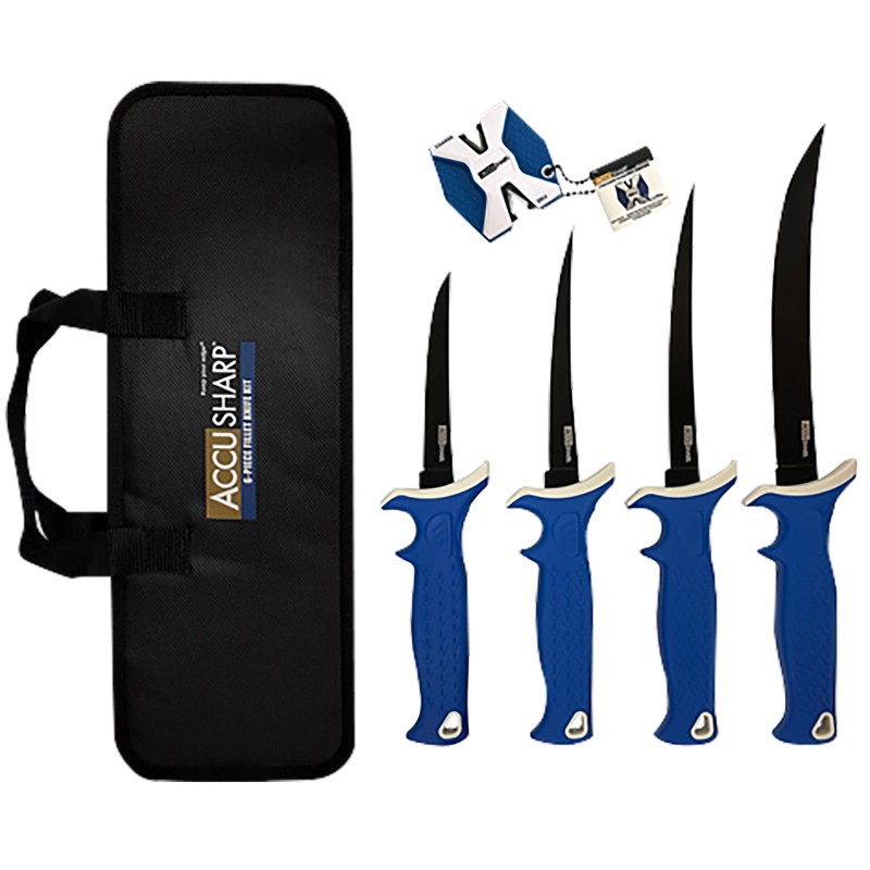 AccuSharp 737C Knife Kit  4.755.506.508 Fixed Fillet Plain Satin Stainless Steel Blade Blue NonSlip Grip TPR Handle Includes 2St