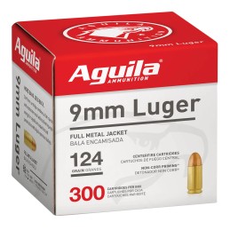 Aguila 1E092108 Target  Range Handgun 9mm Luger 124 gr Full Metal Jacket 300 Per Box 4 Case