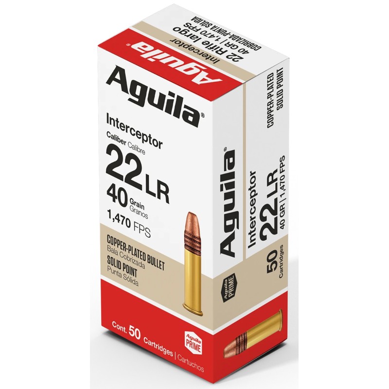 Aguila 1B220320 Interceptor Rimfire 22 LR 40 gr Copper Plated Solid Point 50 Per Box 20 Case