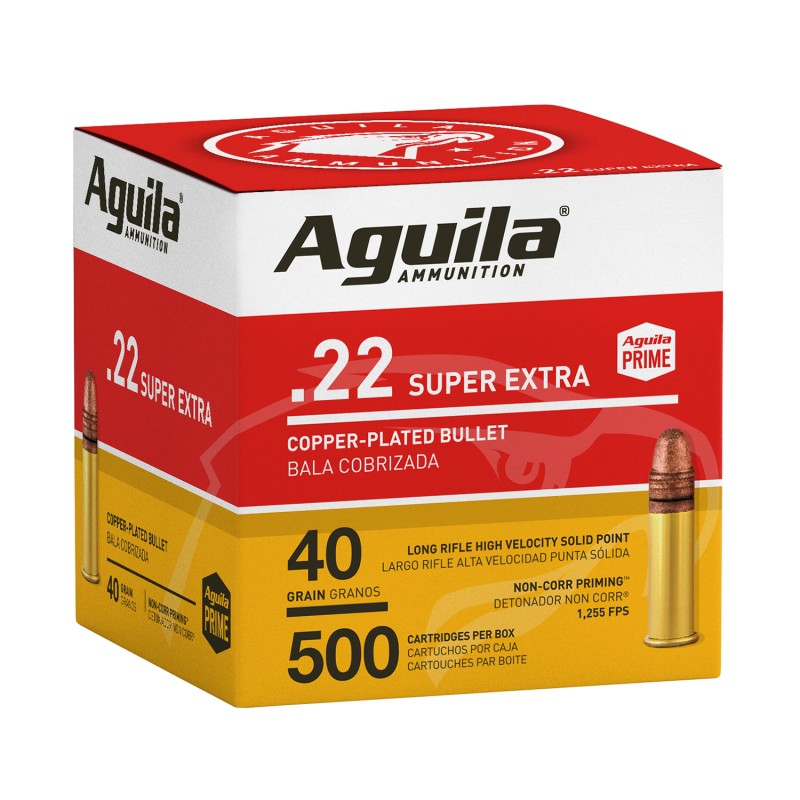 Aguila 1B221115 Super Extra Rimfire 22 LR 40 gr Copper Plated Solid Point 500 Per Box 4 Case