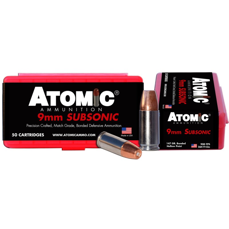 Atomic Ammunition 00438 Pistol Subsonic 9mm Luger 147 gr Bonded Match Hollow Point 50 Per Box 10 Case