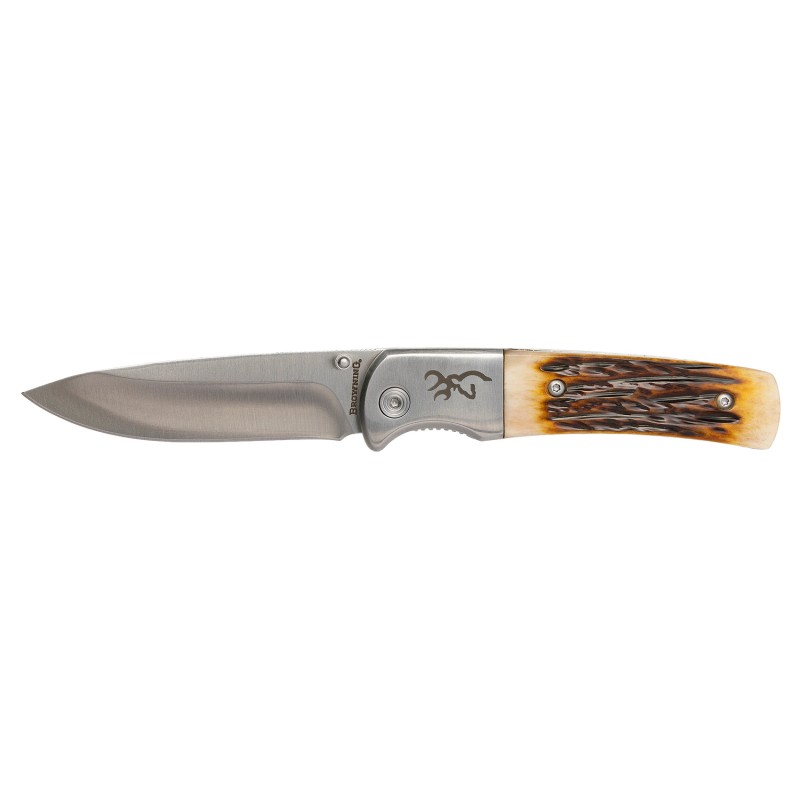 Browning 3220500B Buckmark Hunter 3 Folding Drop Point Plain Stonewashed 8Cr13MoV SS BladeJigged Bone Handle Boxed