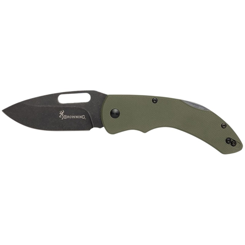 Browning 3220506 Hidden Hollow  EDC Large 3 Folding Drop Point Plain Black Oxide Stonewashed D2 Steel Blade OD Green G10 Handle