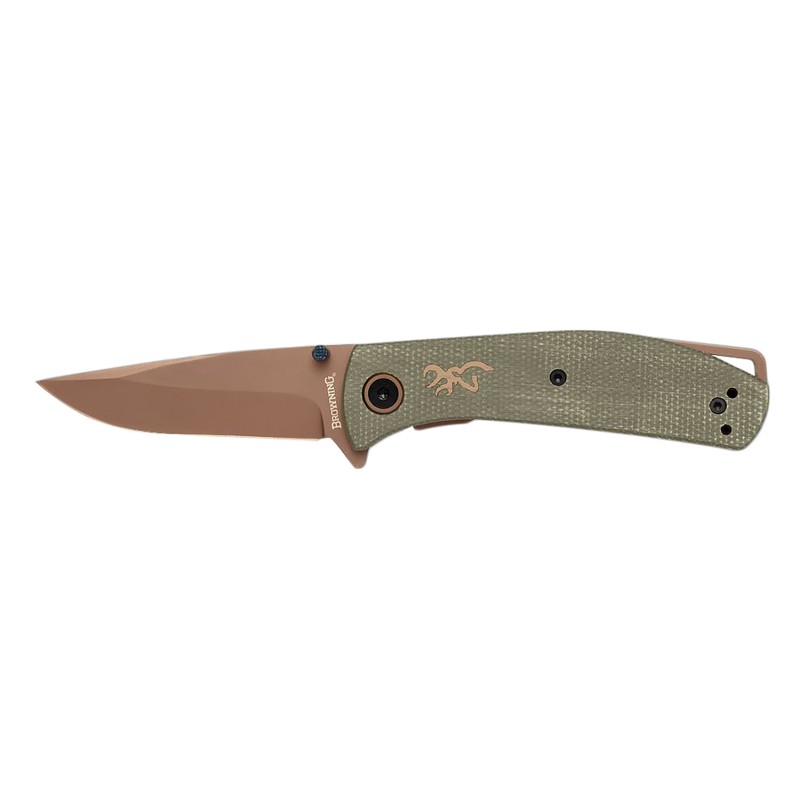 Browning 3220516B Trailside  EDC Small 3 Folding Modified Drop Point Plain Titanium Finish D2 Steel Blade Green Micarta Handle B