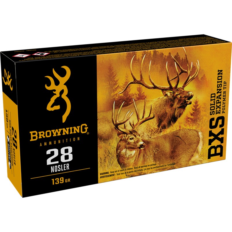 Browning Ammo B192400281 BXS Copper Expansion 28 Nosler 139 gr Lead Free Solid Expansion Polymer Tip 20 Per Box 10 Case