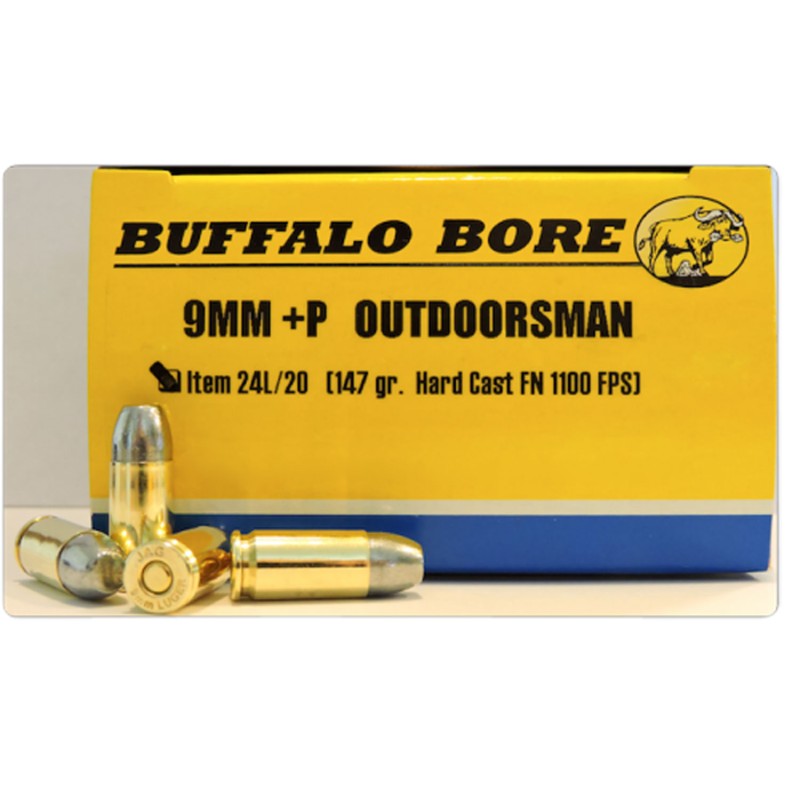 Buffalo Bore Ammunition 24L20 Outdoorsman Strictly Business 9mm Luger 147 gr Hard Cast Flat Nose 20 Per Box 12 Case