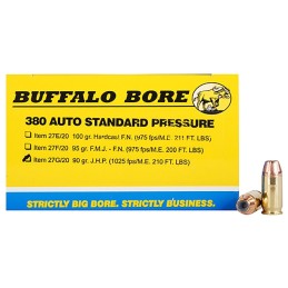 Buffalo Bore Ammunition 27G20 Standard Pressure Strictly Business 380 ACP 90 gr Jacket Hollow Point 20 Per Box 12 Case