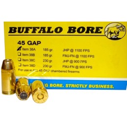 Buffalo Bore Ammunition 38A20 Personal Defense Strictly Business 45 GAP 185 gr Jacket Hollow Point 20 Per Box 12 Case