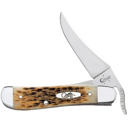 Case 0260 6 RussLock  2.70 Folding RussLock Clip Plain Mirror Polished TruSharp SS BladePeach Seed Jigged Amber Bone Handle