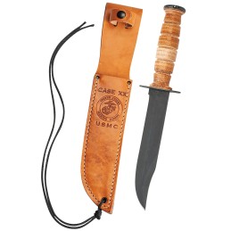 Case 00334 USMC  7 Fixed Clip Point Plain Blackened 1095 Carbon Steel Blade Grooved Leather Handle