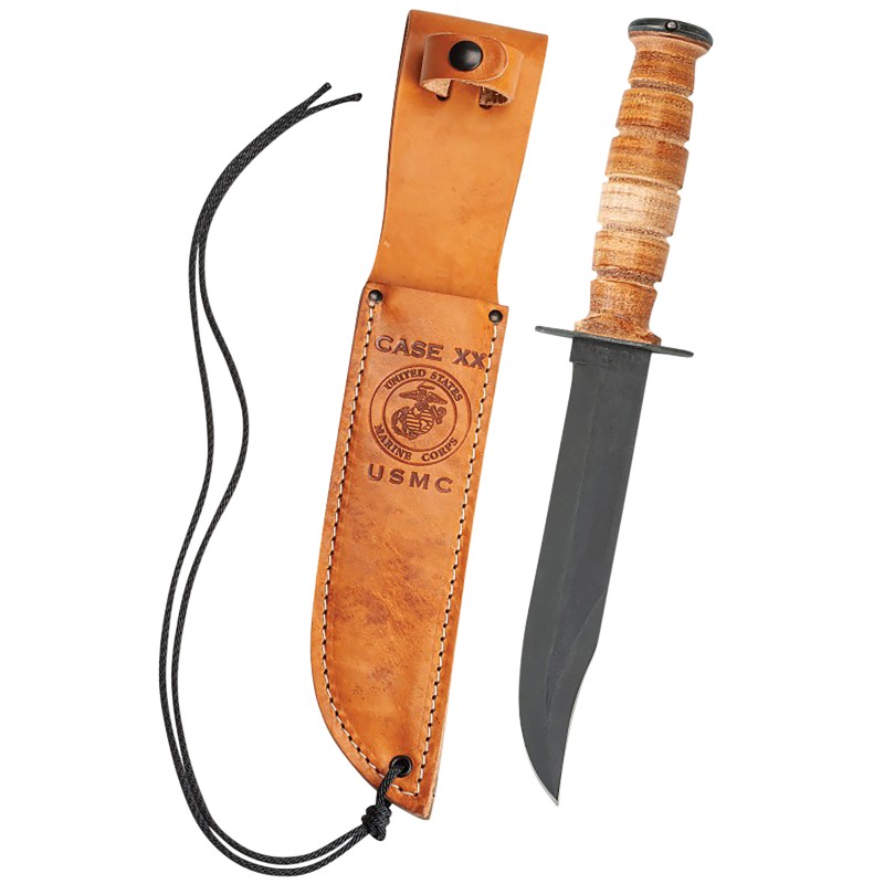 Case 00334 USMC  7 Fixed Clip Point Plain Blackened 1095 Carbon Steel Blade Grooved Leather Handle