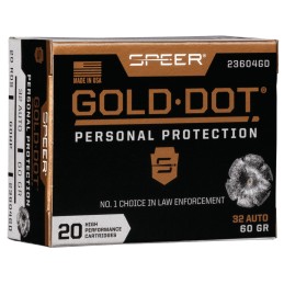 Speer 23604GD Gold Dot Personal Protection 32 ACP 60 gr Hollow Point 20 Per Box 10 Case