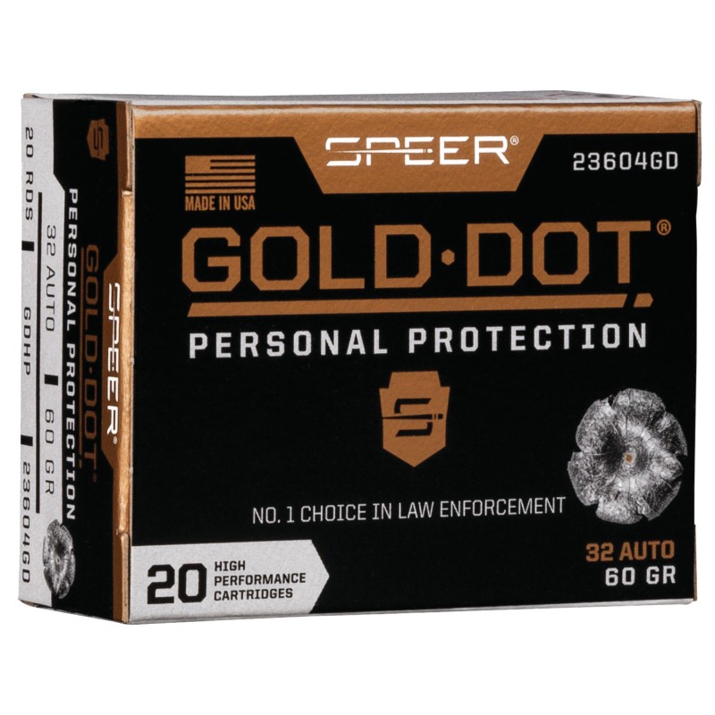 Speer 23604GD Gold Dot Personal Protection 32 ACP 60 gr Hollow Point 20 Per Box 10 Case