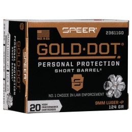 Speer 23611GD Gold Dot Personal Protection Short Barrel 9mm Luger P 124 gr Hollow Point 20 Per Box 10 Case