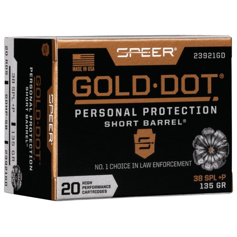 Speer 23921GD Gold Dot Personal Protection Short Barrel 38 Special P 135 gr Hollow Point 20 Per Box 10 Case