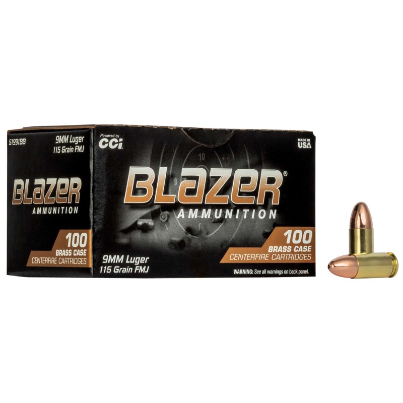 CCI 51991BB Blazer Brass Handgun 9mm Luger 115 gr Full Metal Jacket 100 Per Box 5 Case