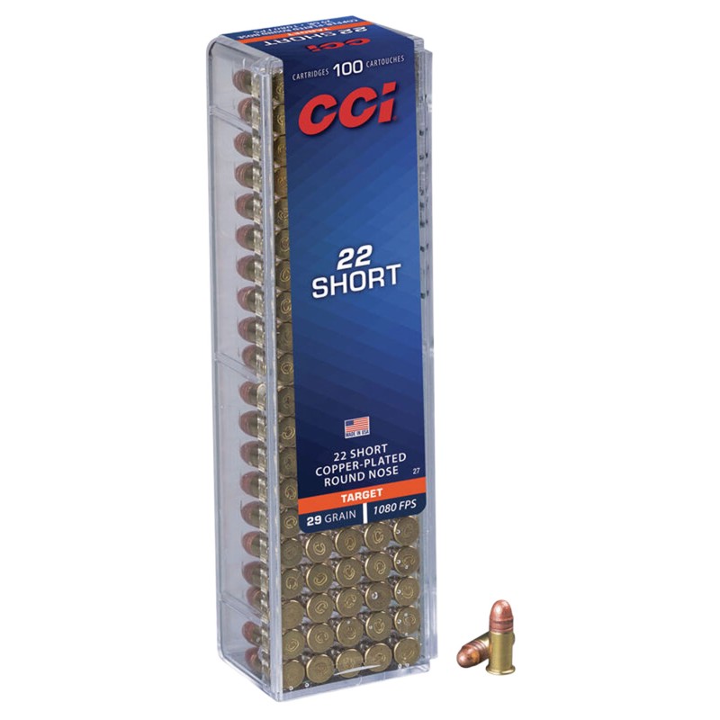 CCI 0027 Target Rimfire 22 Short 29 gr Copper Plated Round Nose 100 Per Box 50 Case