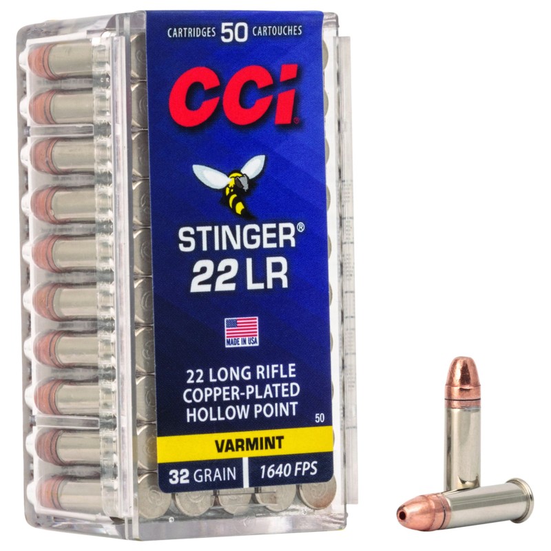 CCI 0050 Stinger  22 LR 32 gr Copper Plated Hollow Point 50 Per Box 100 Case