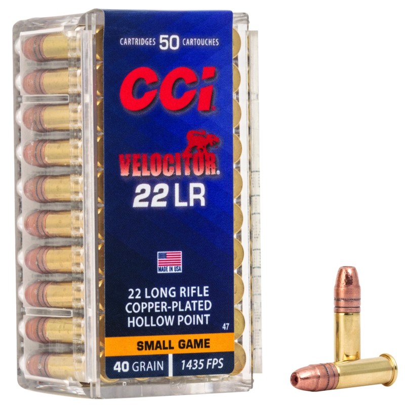 CCI 0047 Velocitor Rimfire 22 LR 40 gr Copper Plated Hollow Point 50 Per Box 100 Case