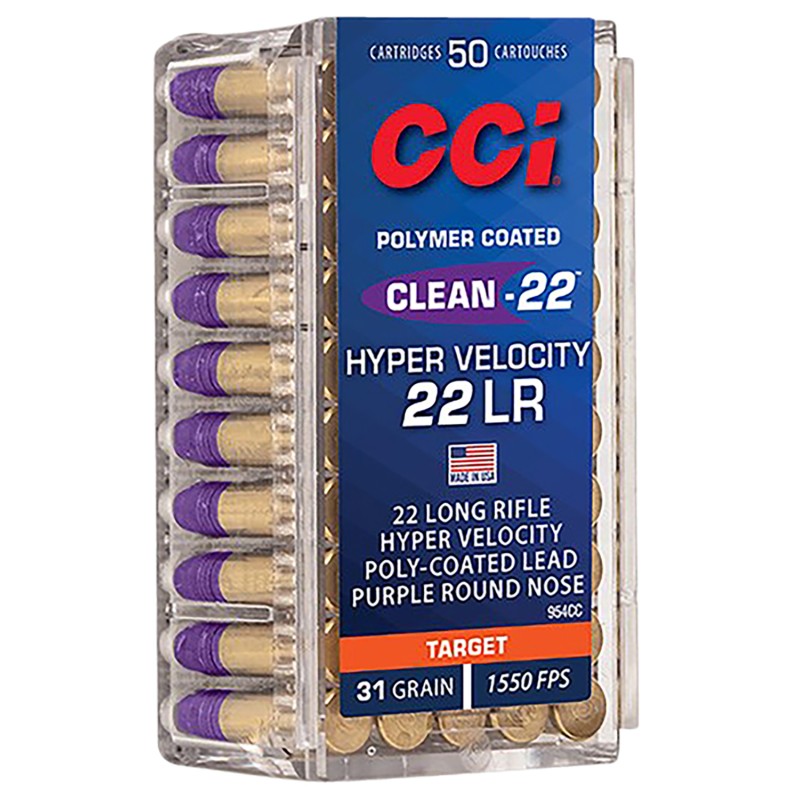 CCI 954CC Clean22 Hyper Velocity 22 LR 31 gr LN Purple 50 Per Box 100 Case