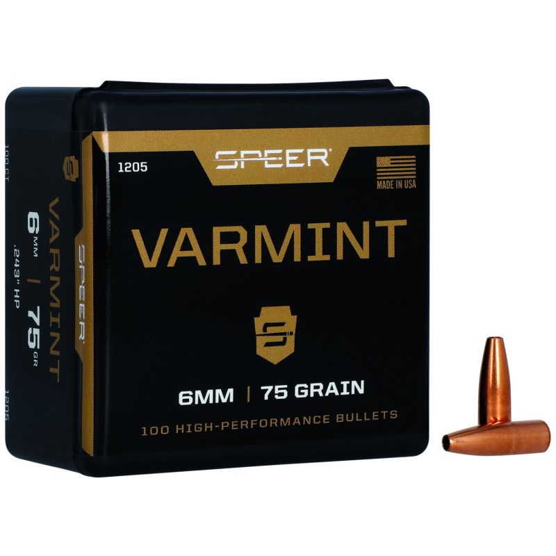 Speer 1205 Varmint  6mm .243 75 gr Jacket Hollow Point 100 Per Box 5 Case