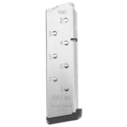 CMC Products 14131 Power Mag  8rd 45 ACP Fits 1911 Government Stainless Steel w Black Base Pad