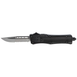 CobraTec Knives SBCTK1SDS CTK1  Small 2.75 OTF Drop Point Part Serrated D2 Steel Blade Black Aluminum Handle Features Glass Brea