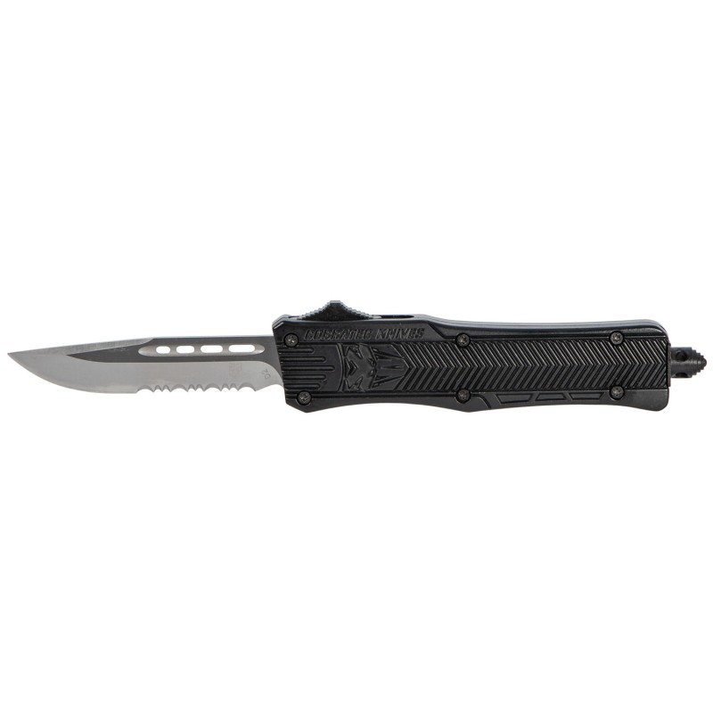 CobraTec Knives SBCTK1SDS CTK1  Small 2.75 OTF Drop Point Part Serrated D2 Steel Blade Black Aluminum Handle Features Glass Brea