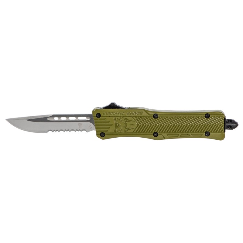 CobraTec Knives SODCTK1SDS CTK1 Small 2.75 OTF Drop Point Part Serrated D2 Steel BladeOD Green Aluminum Handle Features Glass Br