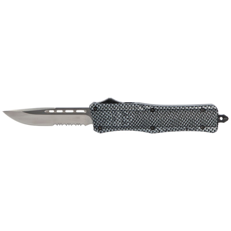 CobraTec Knives MSCFTK1MDS CTK1  Medium 3 OTF Drop Point Part Serrated D2 Steel Blade Carbon Fiber Aluminum Handle Features Glas