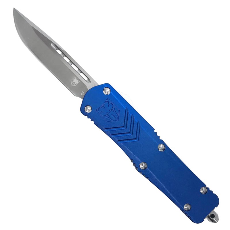 CobraTec Knives SBLUFSXSDNS FSX  Small 2.50 OTF Drop Point Plain D2 Steel BladeBlue Anodized Aluminum Handle Features Glass Brea