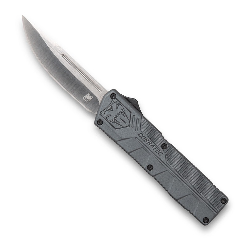 CobraTec Knives GYCTLWDNS Lightweight  3.25 OTF Drop Point Plain D2 Steel BladeGray Aluminum Handle Includes Pocket Clip